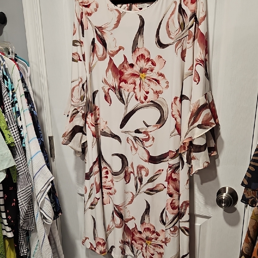 Cato Long Sleeve Floral Dress - Cream and Red
